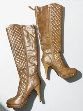 Reneeze Brown Quilted Over The Knee Heeled Boots Size 9